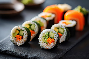 Delicious sushi rolls with fresh cucumber and avocado, perfect for casual dinin, a Food & Drink Photo by AlyaAnd