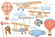 Watercolor Airplanes Clipart, a Transportation Illustration by ArtGiftsStudio (Thumbnail 1 of 5)