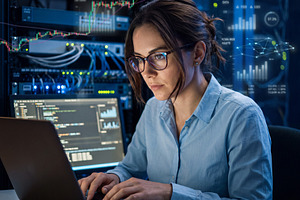 Young woman software engineer (brunette in glasses) monitoring c, a Technology Photo by Volff
