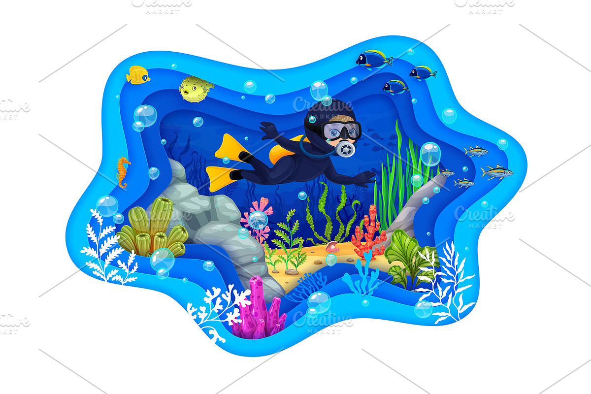 Young diver and paper cut underwater, an Illustration by Vector Tradition (Photo 1 of 3)