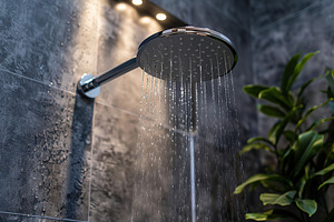 Round showerhead with flowing water in bathroom, an Industrial Photo by AlyaAnd