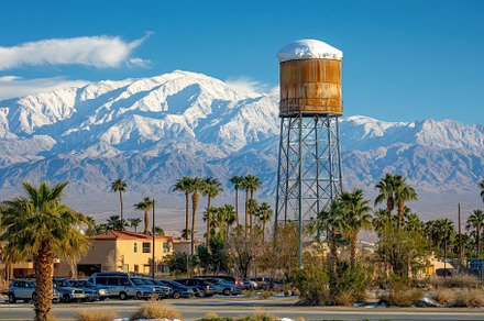 Snow-capped mountains loom over a wa, a Photo by Tanuart