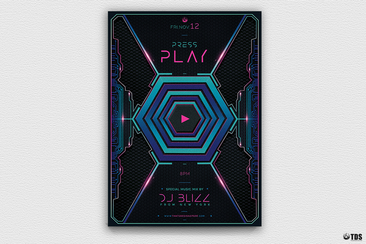 Press Play Flyer Template, a Flyer Template by ThatsDesignArt (Photo 1 of 7)