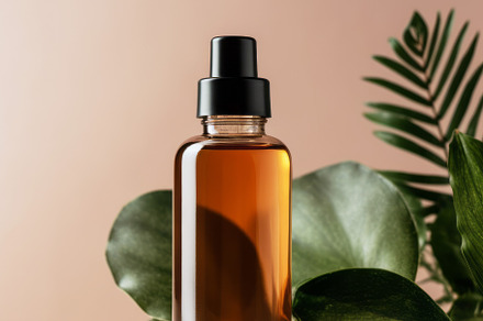 Reusable dark amber glass bottle for oil, cream, lotion or serum with leaves., a Beauty & Fashion Photo by Natalia Klenova's Shop