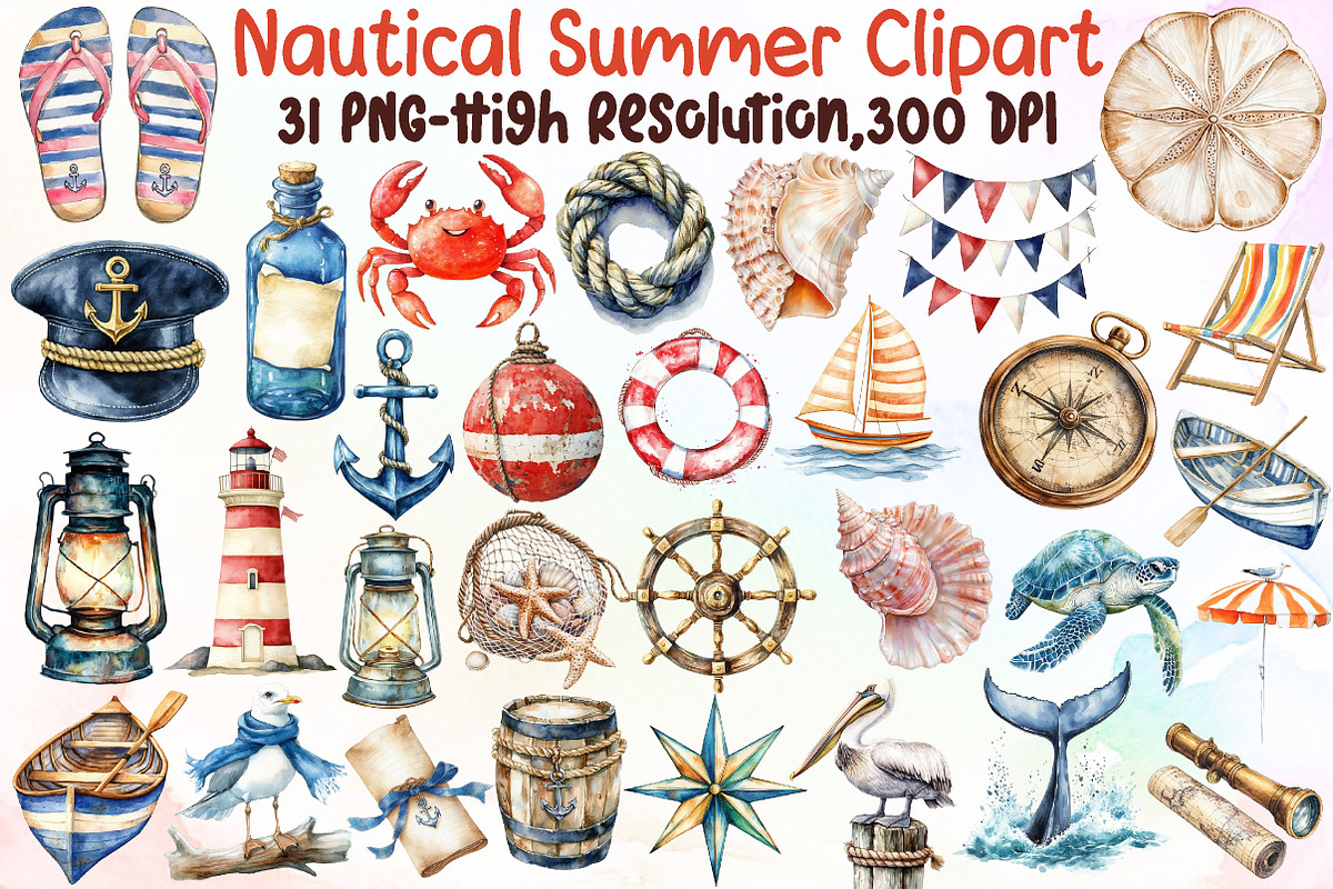 Watercolor Nautical Summer Clipart, an Illustration by Sublimation Artist (Photo 1 of 6)