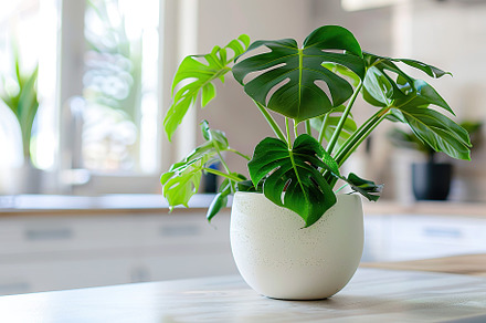 Monstera plant in pot standing on table in modern living room, a Nature Photo by AlyaAnd