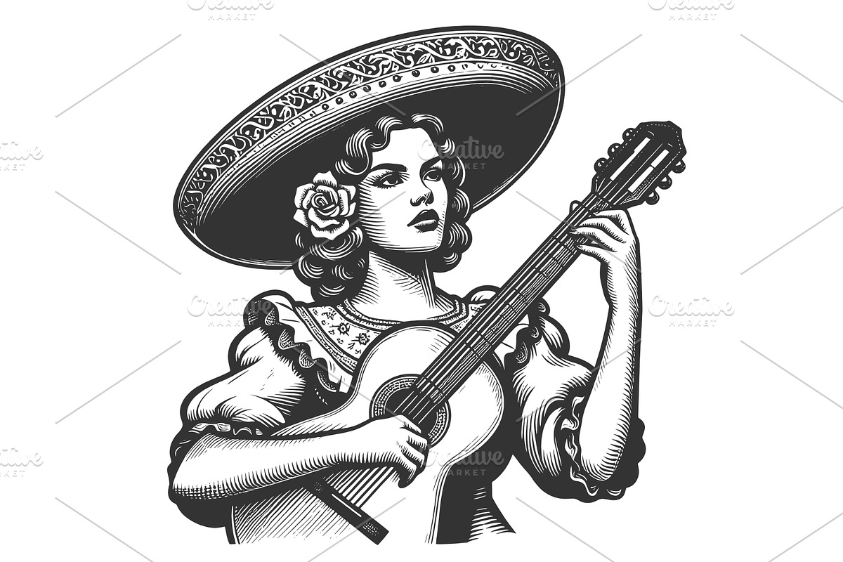 Female Mariachi Guitarist vector, a Person Illustration by AlexArt