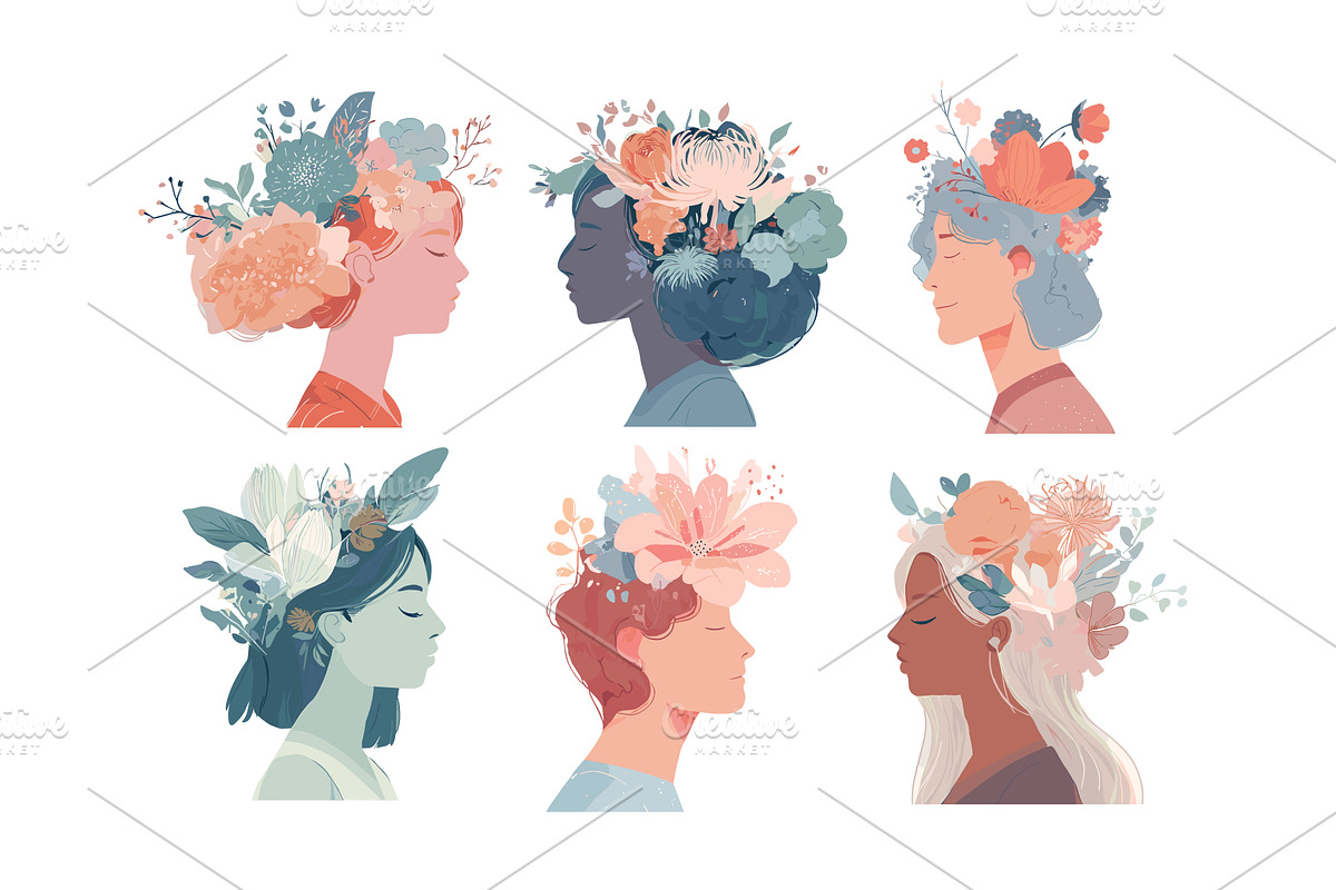 Women flowers in hair cartoon vector, an Illustration by Onyx