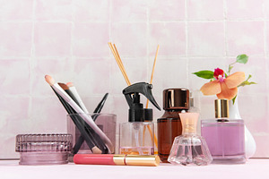Beauty products and perfume bottles on pink background, a Beauty & Fashion Photo by Olena Rudo