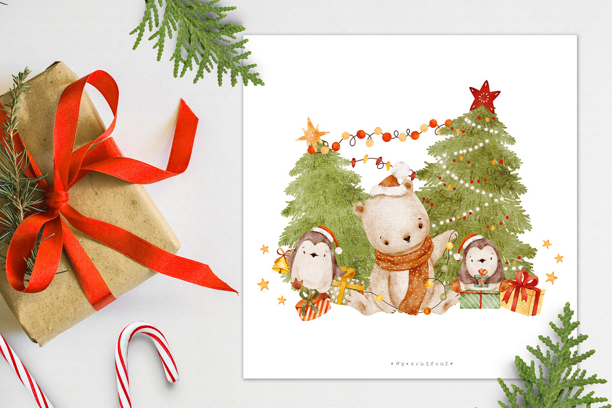 LITTLE CHRISTMAS watercolor animals, an Animal Illustration by erasovas (Photo 6 of 12)