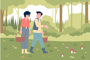 Mushroom hunting. People walking in, an Object Illustration by LadadikArt
