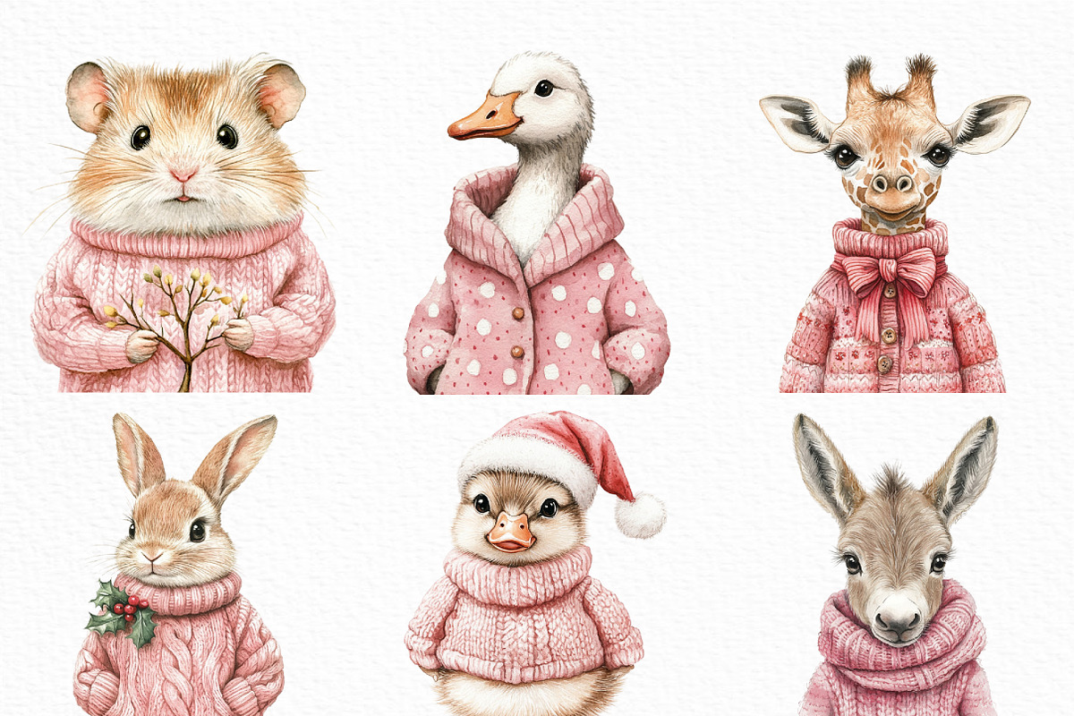 Pink Jumper Animals Christmas Clipar, an Illustration by Craft Nest (Photo 3 of 6)