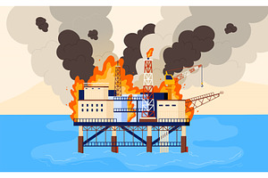 Accident in offshore oil platform, an Illustration by Flashvector