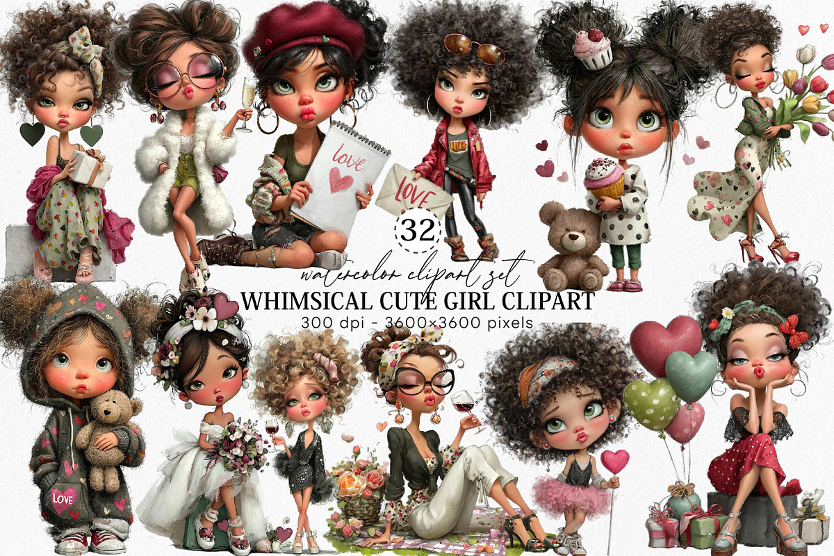 Whimsical Cute Girl Clipart Bundle, an Illustration by Canvas Craft (Photo 1 of 6)