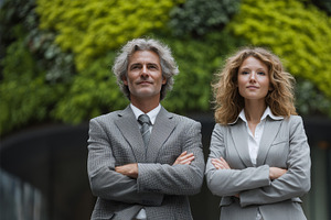 Confident professionals stand side by side in business attire against a lush gr, an Illustration by AS photostudio