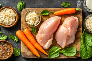 Raw chicken fillets with rice and fr, a Food & Drink Photo by Photostock