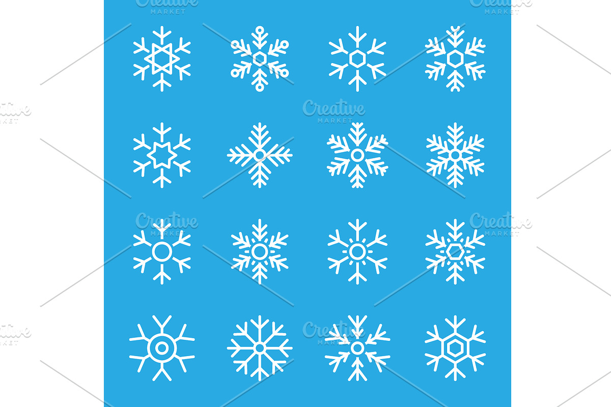 Set of 16 white outline snowflakes, an Illustration by GraphiShop