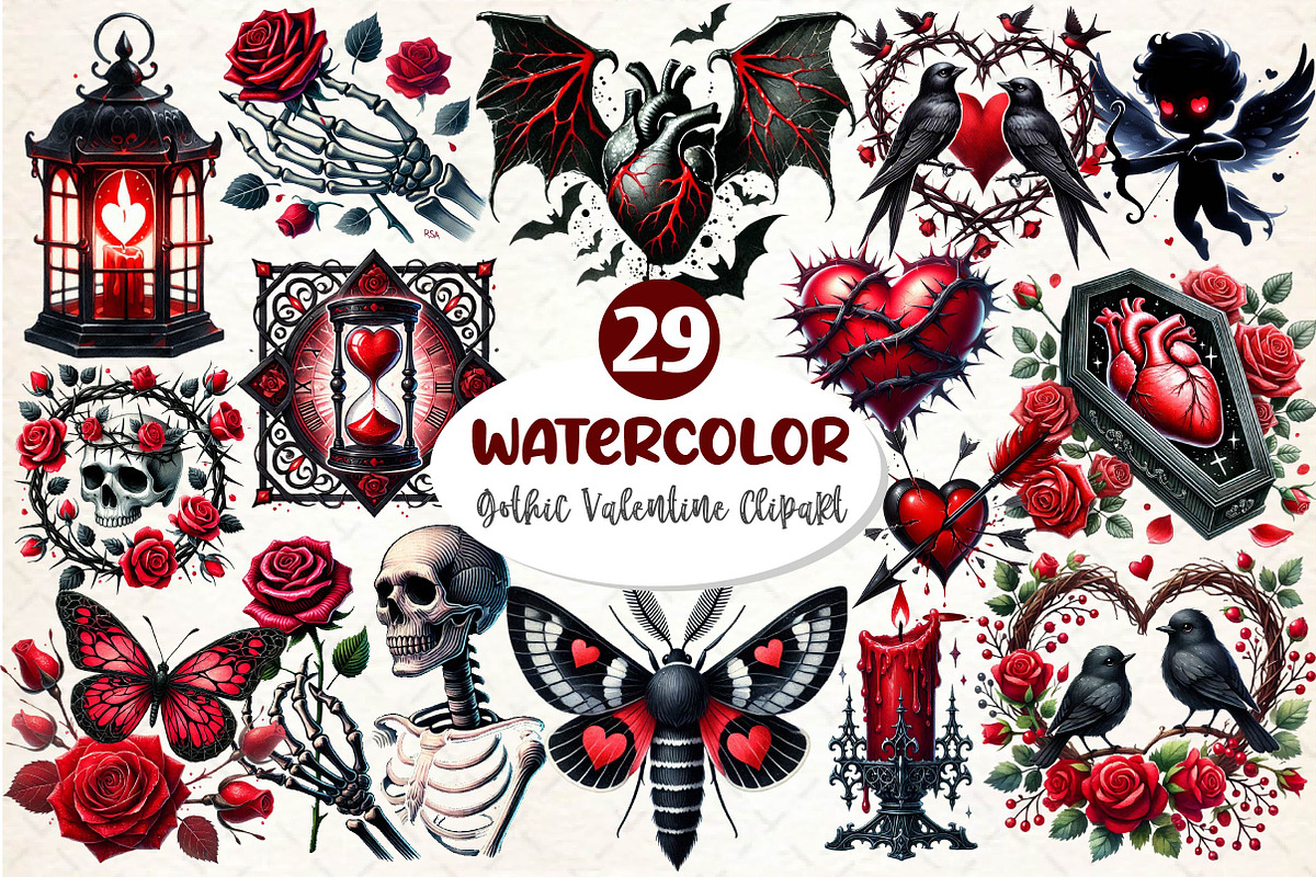 Gothic Valentine Sublimation Clipart, an Illustration by Dream Creation (Photo 1 of 6)