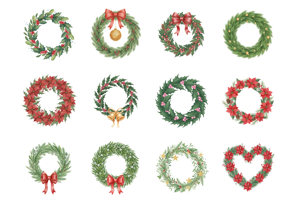 Christmas Wreath Clipart, Hollyhock, an Illustration by SinaCreation (Photo 2 of 7)