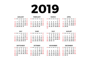 Calendar for 2019 on white