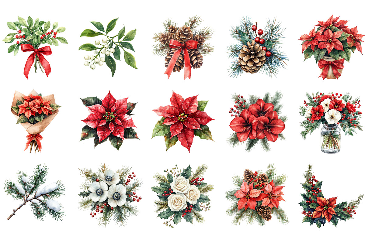 Christmas Flowers Clipart Png, an Illustration by Designking (Photo 3 of 5)
