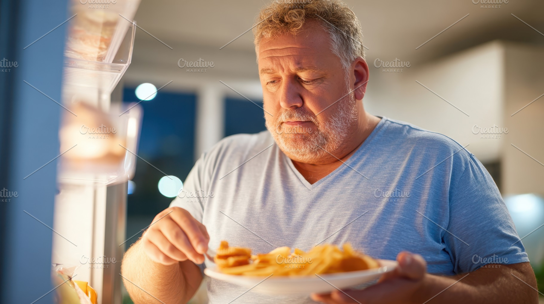 Man enjoying a late-night snack from the refrigerator, a Person Photo by AlyaAnd