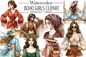 Watercolor Boho Girls Clipart, an Illustration by Libby Wishes