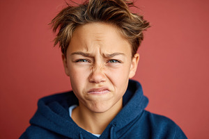 Displeased boy with curly hair on red background, a Person Photo by AlyaAnd
