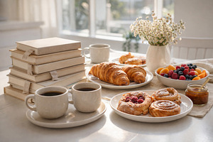 Breakfast pastries and coffee on a sunlit table with books, back, a Photo by Dvoevnore photos