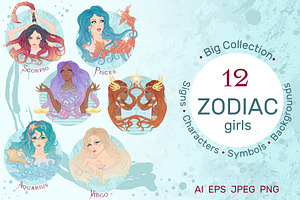 12 Zodiac Girl Hand Drawn Collection