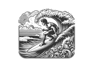 Surfer Catching Wave engraving, a Person Illustration by AlexArt
