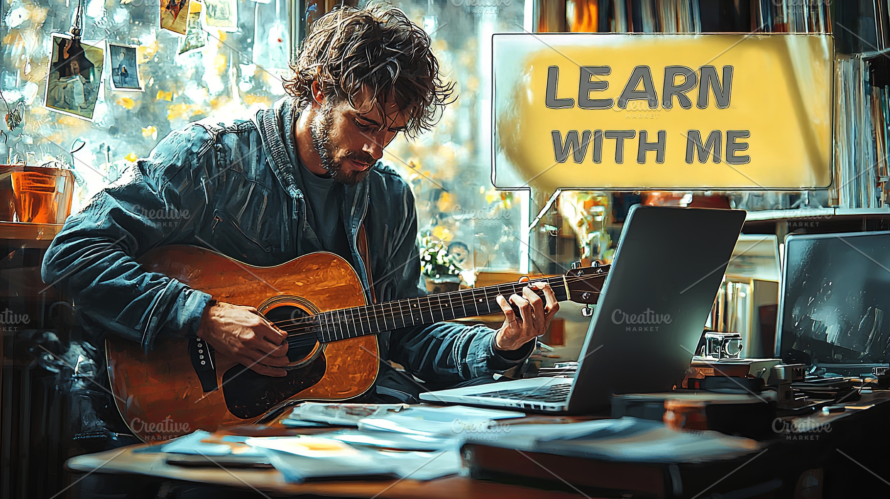 Young musician teaching guitar lessons online in a cozy creative workspace, a Photo by AS photostudio
