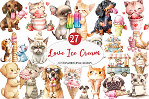 Funny Dog and Cat Love Ice Cream png, an Illustration by Watercolor design