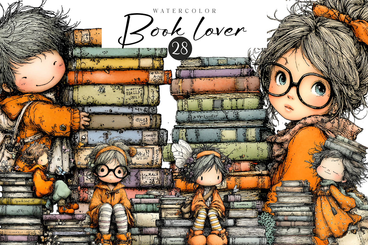 Quirky Book Lover Clipart, an Illustration by CreationArt (Photo 1 of 5)