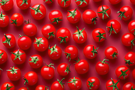 Pattern of ripe red cherry tomatoes on red background, a Food & Drink Photo by AlyaAnd