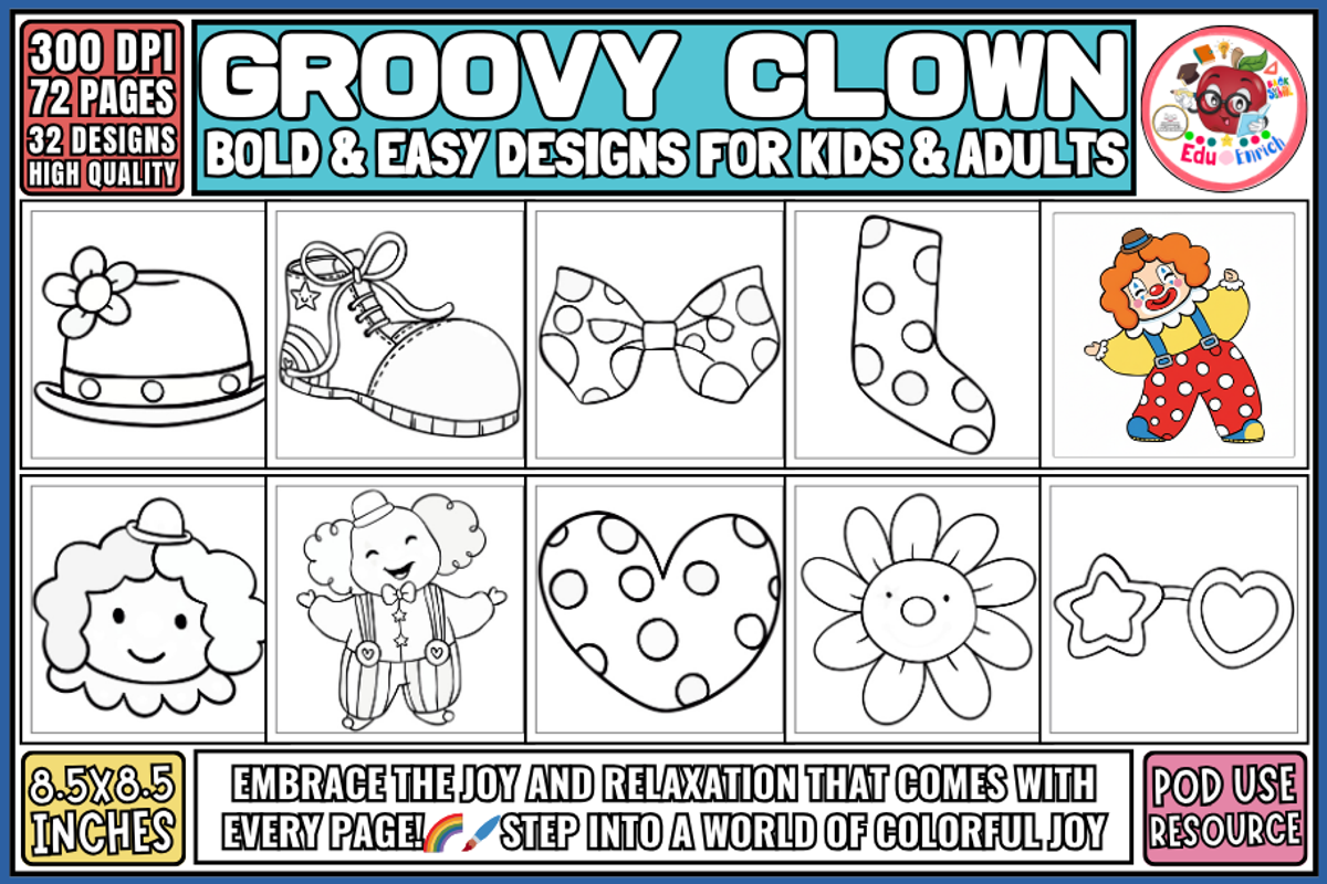 Groovy Clown Coloring Pages, an Object Illustration by EduEnrich (Photo 1 of 3)