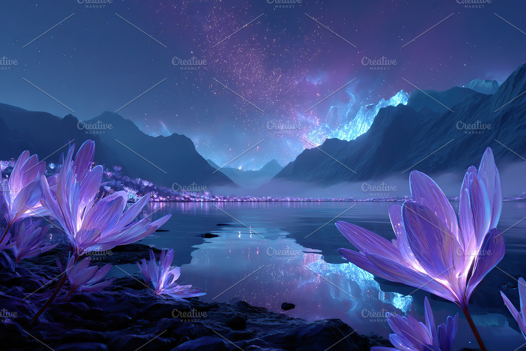 Mystical night landscape with glowing flowers by a serene lake in a mountainous, a Photo by AlyaAnd