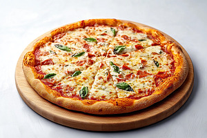 Baked pizza Margherita topped with mozzarella and fresh basil on a wooden board, a Food & Drink Photo by AlyaAnd