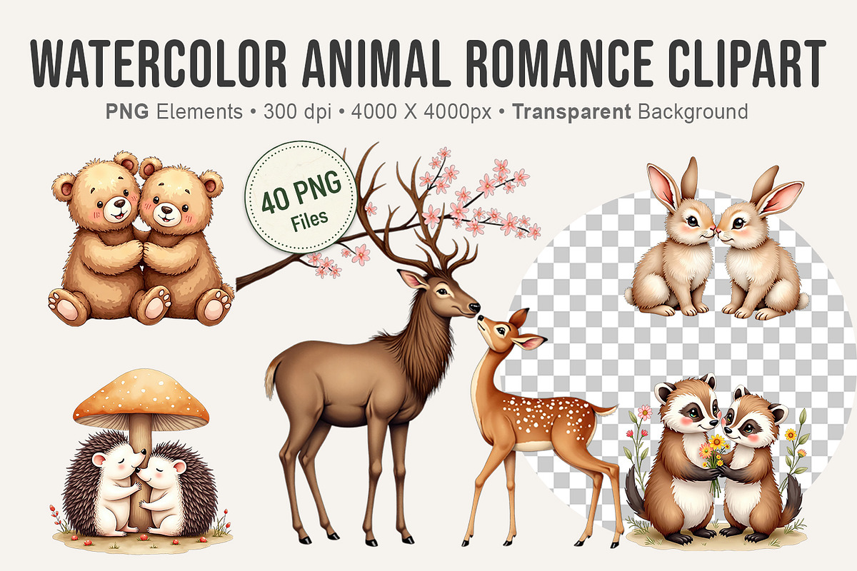 Watercolor Animal Romance Clipart, an Animal Illustration by Artnoy (Photo 1 of 8)