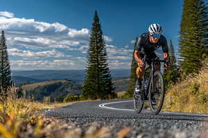 Cyclist riding road bike scenic moun, a Photo by Pixeness Studio