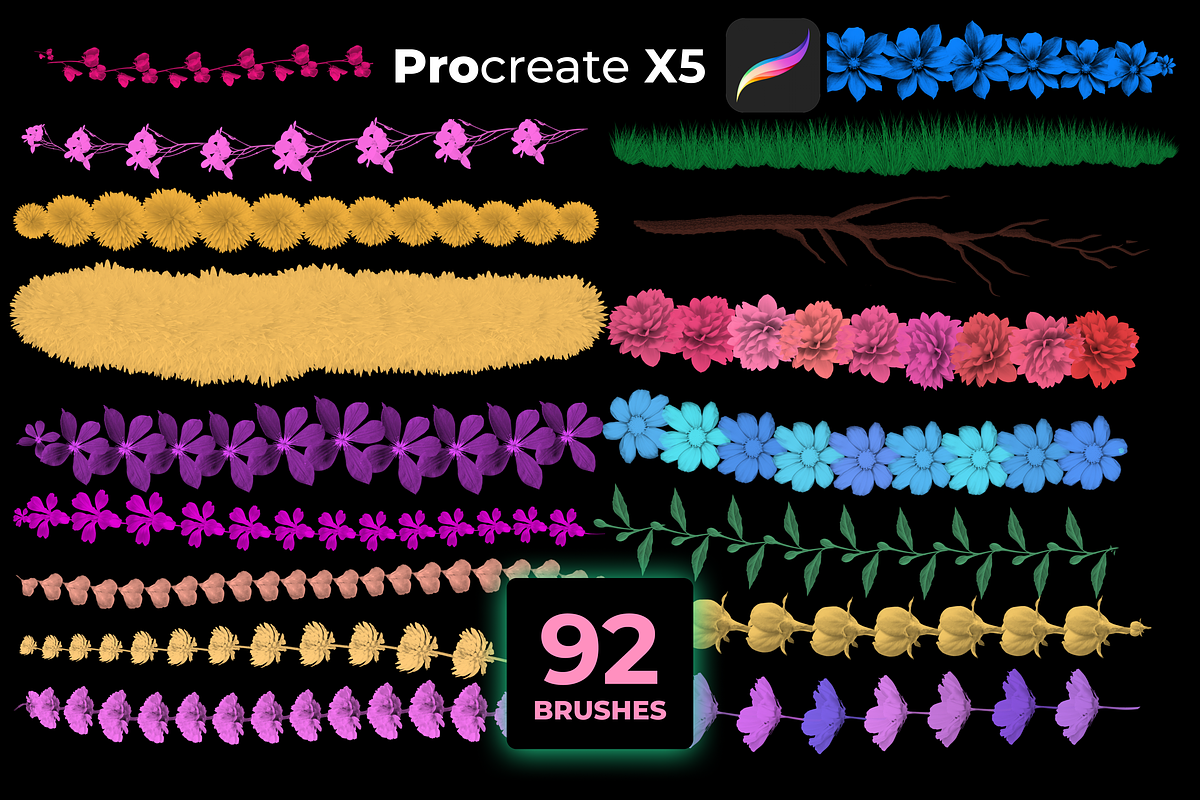 92 FLORAL brushes for PROCREATE X5, a Brush Add-On by Graphics Resources (Photo 5 of 15)