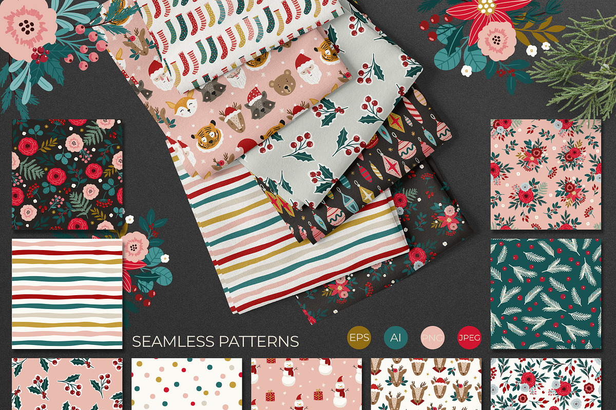 Floral Christmas clipart & pattern, an Animal Illustration by Cozy pattern shop (Photo 3 of 14)
