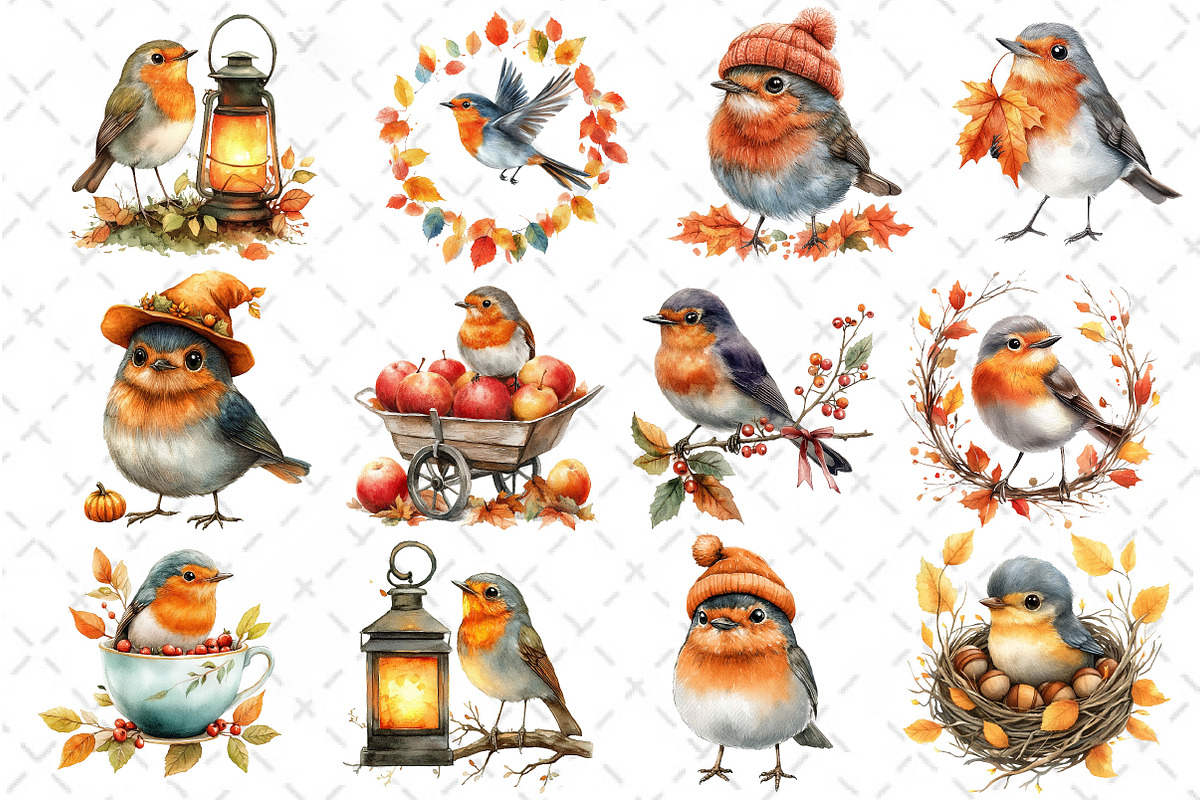Watercolor Robin Birds Clipart, Fall, an Illustration by Dream Creation (Photo 2 of 4)