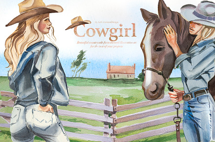 Watercolor Cowgirl Clipart Set