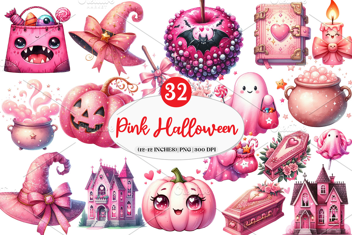 Charm Pink Halloween Clipart, an Illustration by Watercolor design (Photo 1 of 4)