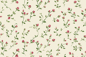 Seamless pattern of small pink rosebuds and green leaves on a cr, a Pattern Graphic by Studio ANNA