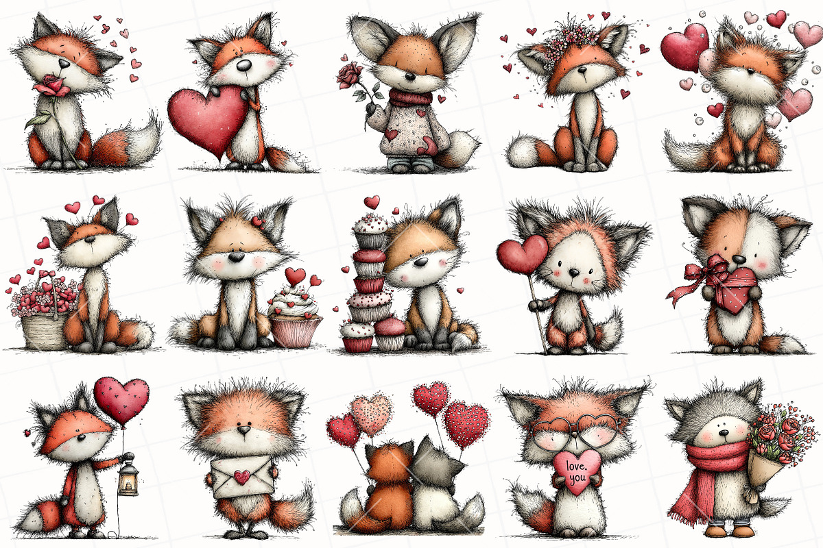 Whimsical Valentine Fox Clipart, an Illustration by OK Design (Photo 3 of 6)