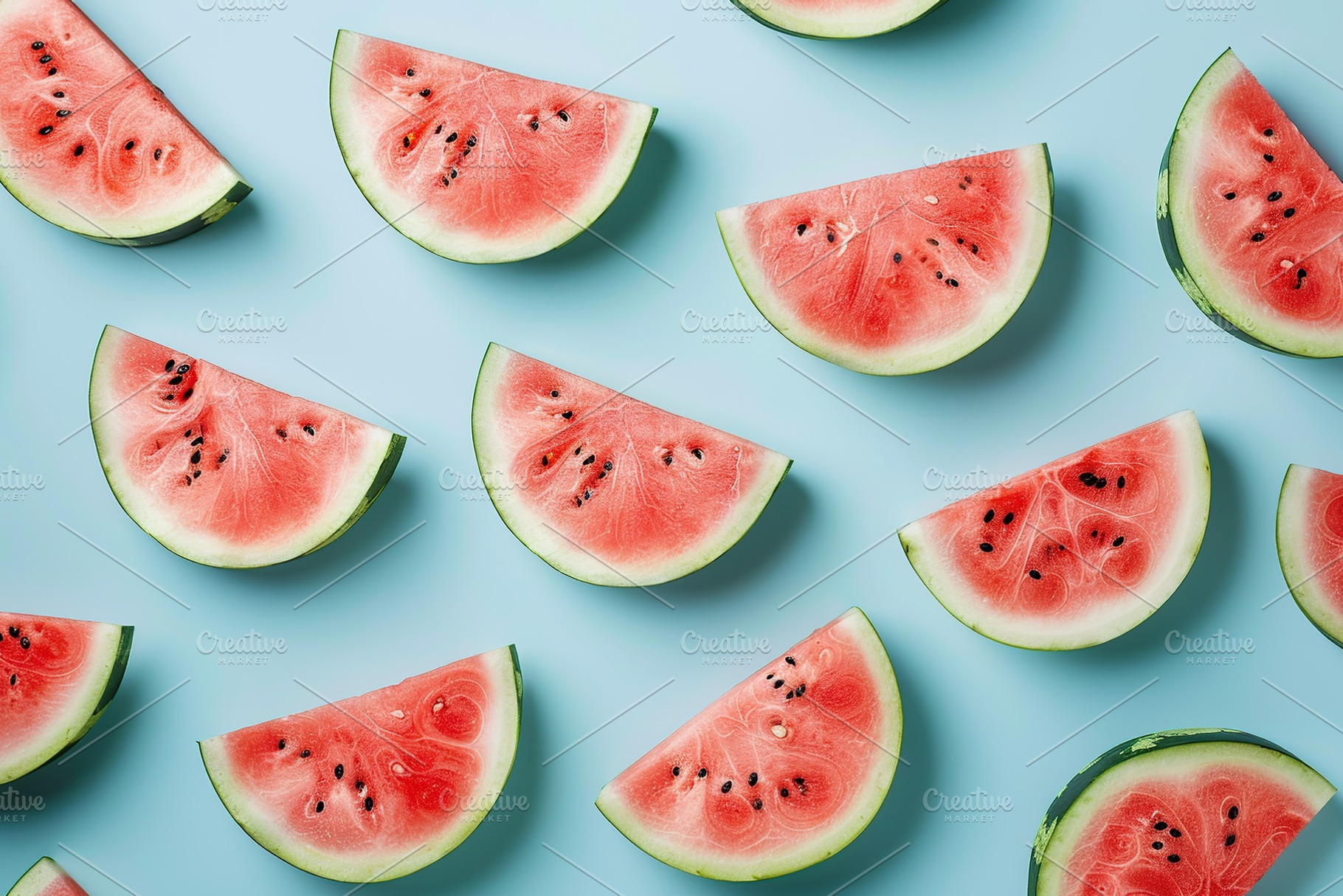 Pattern of fresh watermelon slices on blue background, a Food & Drink ...