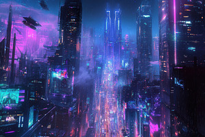 Futuristic Cityscape Neon Lights Rai, a Photo by Pixeness Studio