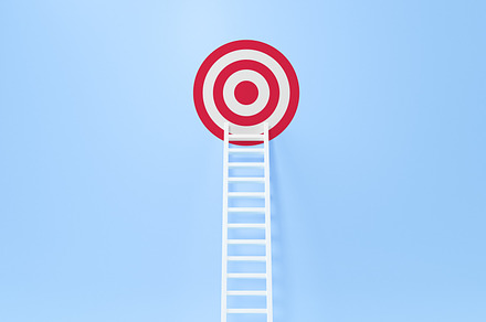 Step ladder achievement on a blue wa, a Business Photo by Zama Studio